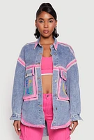 Womens Daisy Keep Smile Oversized Denim Jacket,