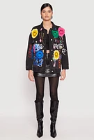 Womens Daisy Smiley Face Patch Graffiti Denim Jacket, Black, Size L