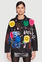 Womens Daisy Smiley Face Patch Graffiti Denim Jacket, Black, Size L