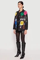 Womens Daisy Smiley Face Patch Graffiti Denim Jacket, Black, Size L