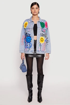 Womens Daisy Smiley Face Patch Graffiti Denim Jacket, Blue, Size M