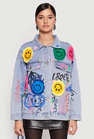 Womens Daisy Smiley Face Patch Graffiti Denim Jacket, Blue, Size S