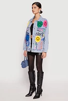 Womens Daisy Smiley Face Patch Graffiti Denim Jacket, Blue, Size S