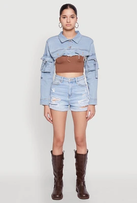 Womens Daisy Cargo Pocket Sleeve Bolero Jean Jacket, Blue,