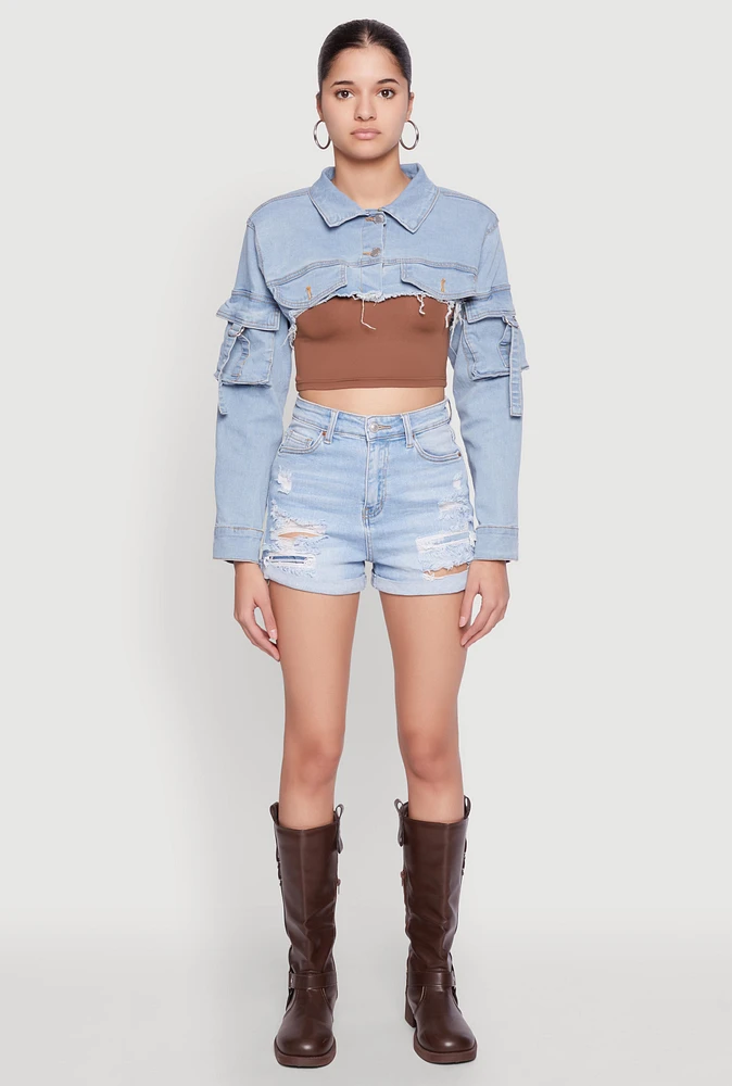 Womens Daisy Cargo Pocket Sleeve Bolero Jean Jacket, Blue,