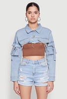 Womens Daisy Cargo Pocket Sleeve Bolero Jean Jacket, Blue,