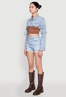 Womens Daisy Cargo Pocket Sleeve Bolero Jean Jacket, Blue,