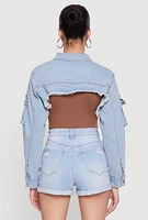 Womens Daisy Cargo Pocket Sleeve Bolero Jean Jacket, Blue,