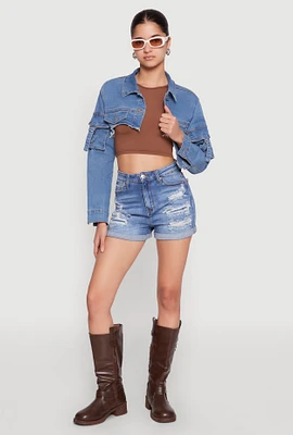Womens Daisy Cargo Pocket Sleeve Bolero Jean Jacket, Blue,