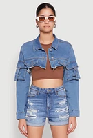 Womens Daisy Cargo Pocket Sleeve Bolero Jean Jacket, Blue,