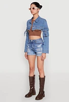 Womens Daisy Cargo Pocket Sleeve Bolero Jean Jacket, Blue,
