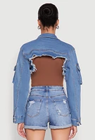 Womens Daisy Cargo Pocket Sleeve Bolero Jean Jacket, Blue,