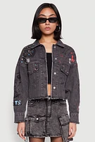 Womens Daisy Gemstone Studded Graffiti Denim Jacket, Black, Size M