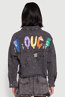 Womens Daisy Gemstone Studded Graffiti Denim Jacket, Black, Size M