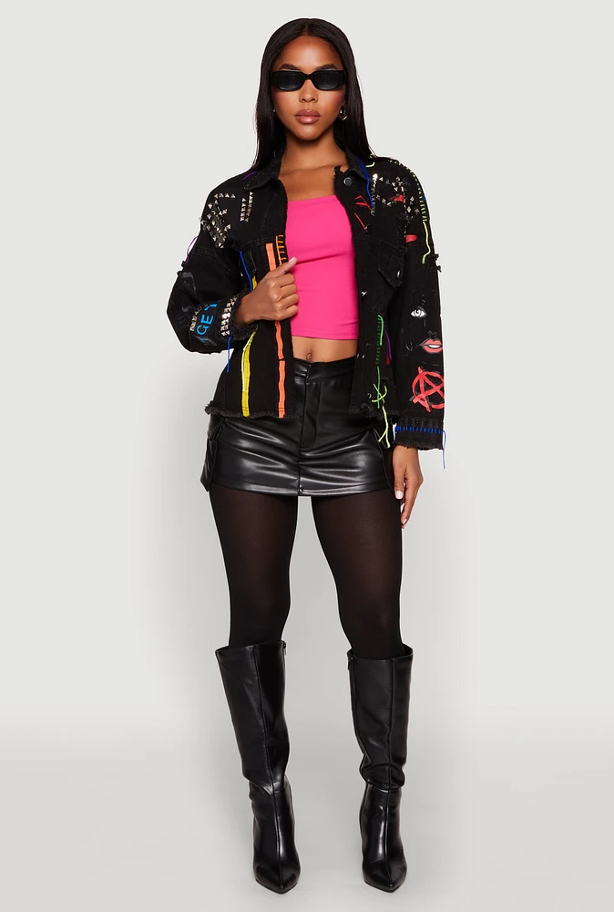 Womens Daisy Studded Graffiti Print Denim Jacket, Black, Size S