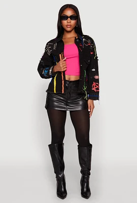 Womens Daisy Studded Graffiti Print Denim Jacket, Black, Size S
