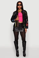 Womens Daisy Studded Graffiti Print Denim Jacket, Black, Size S