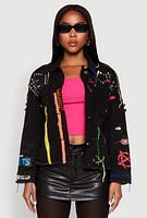Womens Daisy Studded Graffiti Print Denim Jacket, Black, Size S
