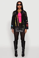 Womens Daisy Studded Graffiti Print Denim Jacket, Black, Size S