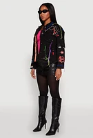 Womens Daisy Studded Graffiti Print Denim Jacket, Black, Size S