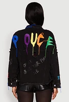 Womens Daisy Studded Graffiti Print Denim Jacket, Black, Size S