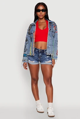 Womens Daisy Studded Graffiti Print Denim Jacket, Blue, Size M