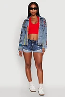 Womens Daisy Studded Graffiti Print Denim Jacket, Blue, Size M