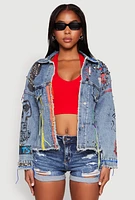 Womens Daisy Studded Graffiti Print Denim Jacket, Blue, Size M