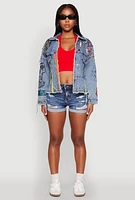 Womens Daisy Studded Graffiti Print Denim Jacket, Blue, Size M