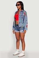 Womens Daisy Studded Graffiti Print Denim Jacket, Blue, Size M