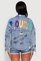 Womens Daisy Studded Graffiti Print Denim Jacket, Blue, Size M
