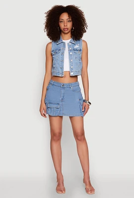 Womens WAX Distressed Button Front Denim Vest, Blue, Size M