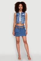 Womens WAX Distressed Button Front Denim Vest, Blue,