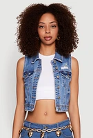 Womens WAX Distressed Button Front Denim Vest, Blue,