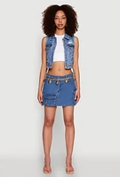 Womens WAX Distressed Button Front Denim Vest, Blue,