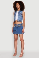 Womens WAX Distressed Button Front Denim Vest, Blue,