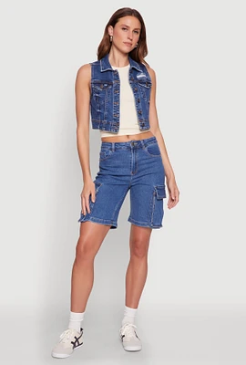 Womens WAX Distressed Button Front Denim Vest, Blue, Size M