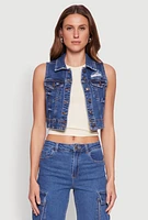 Womens WAX Distressed Button Front Denim Vest, Blue, Size S