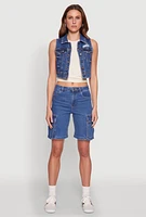Womens WAX Distressed Button Front Denim Vest, Blue, Size M