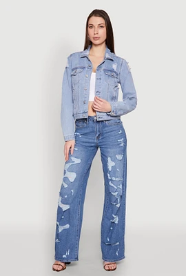 Womens Almost Famous Distressed Jean Jacket, Blue, Size M