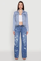 Womens Almost Famous Distressed Jean Jacket, Blue, Size M