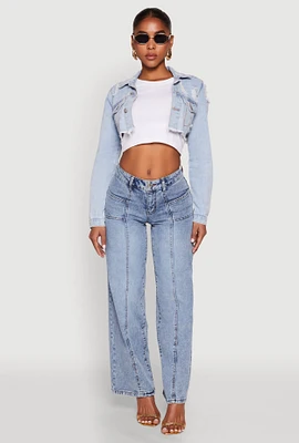 Womens Distressed Cropped Jean Jacket, Blue, Size L