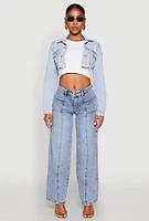 Womens Distressed Cropped Jean Jacket, Blue, Size S