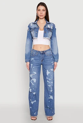 Womens Distressed Cropped Jean Jacket, Blue, Size L
