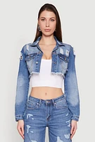 Womens Distressed Cropped Jean Jacket, Blue, Size L