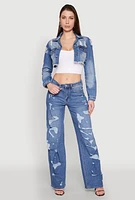 Womens Distressed Cropped Jean Jacket, Blue, Size L