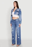 Womens Distressed Cropped Jean Jacket, Blue, Size L