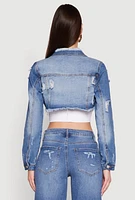 Womens Distressed Cropped Jean Jacket, Blue, Size L
