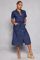 Womens Denim Tie Waist Belted Shirt Dress, Blue, Size M