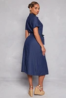 Womens Denim Tie Waist Belted Shirt Dress, Blue, Size M